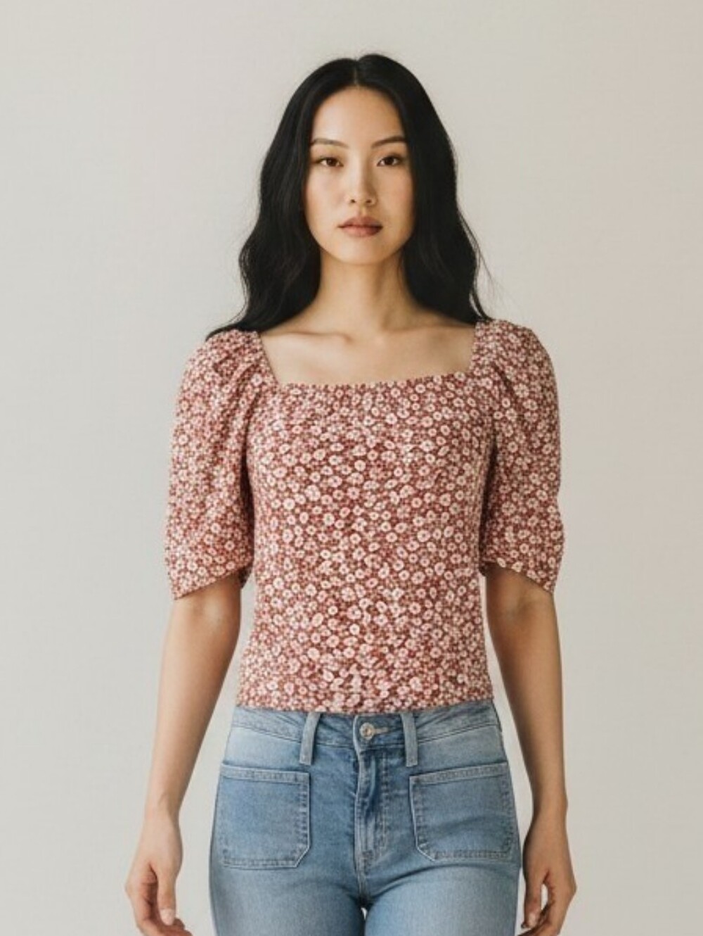 Socialite Floral Puff Sleeve Square Neck Smocked Stretch Top Women's Medium